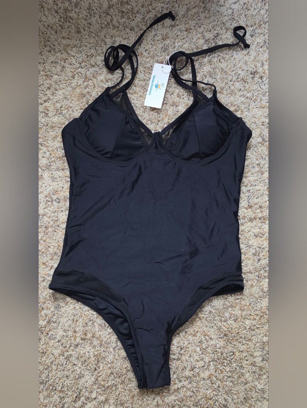 NWT Beachsissi Classic Black One-Piece Swimsuit With Mesh Insets - Sz Large